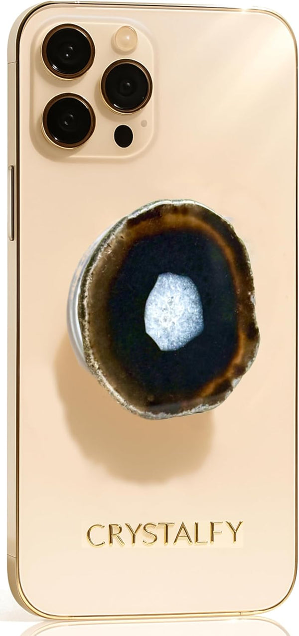 CRYSTALFY Grips by Brown Pattern Agate Round Shape Magnetic Crystal Phone Grip Holder