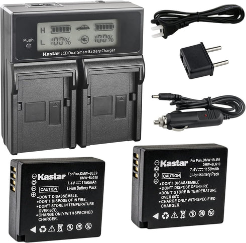 Kastar LCD Dual Fast Charger & 2 x Battery Replacement for Panasonic DMW-BLE9, DMW-BLE9E, DMW-BLE9PP, DMW-BLG10 Cameras
