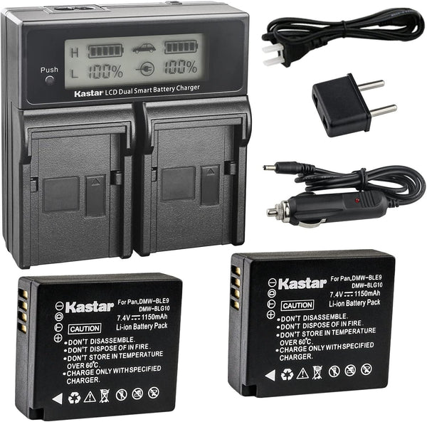 Kastar LCD Dual Fast Charger & 2 x Battery Replacement for Panasonic DMW-BLE9, DMW-BLE9E, DMW-BLE9PP, DMW-BLG10 Cameras