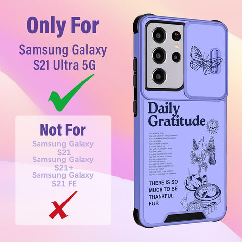 2in1 Samsung Galaxy S21 Ultra Case for Women, Cute Girls Butterfly Phone Cover with Camera Cover + Ring Stand