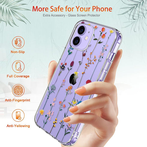 GiiKa iPhone 12 Case with Screen Protector, Clear Floral Shockproof Hard Case with TPU Bumper for iPhone 12