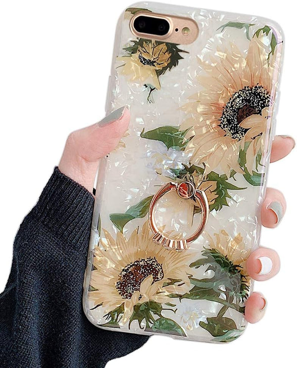 Qokey Flower Pattern Case for iPhone 7 Plus/8 Plus, 5.5 inch Cute Stand Design with 360 Degree Rotating Ring Holder