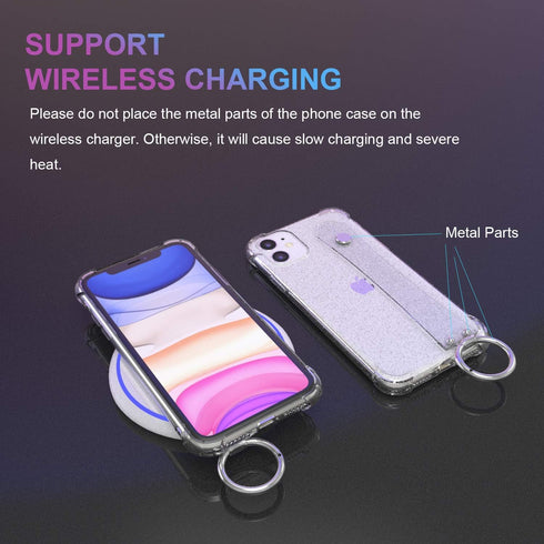 iPhone 11 Clear Glitter Case with Hand Strap, Soft Silicone Gel Rubber Sparkle Cover for Girls Women