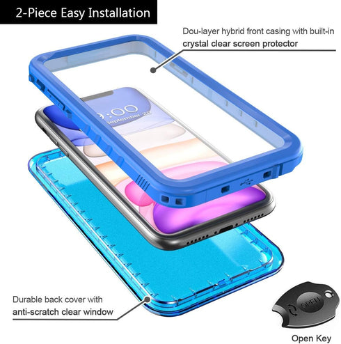 Cozycase Waterproof iPhone 11 Case - Built-in Screen Protector, Full-body Rugged Bumper, Shockproof, Dustproof, Blue