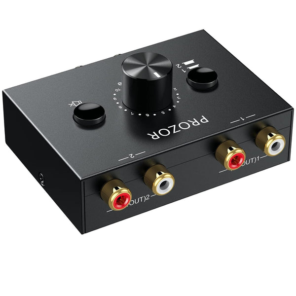 PROZOR RCA Stereo Audio Switcher, 2 in 1 Out R/L Stereo Switch, 1 in 2 Out Splitter with Mute Button, No Power Required