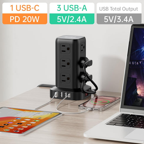 PD20W Surge Protector Power Strip Tower with 15FT Extension Cord, 12 AC & 4 USB (1 USB C) - Office Desk