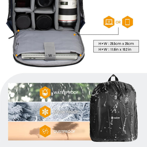 TARION Professional Camera Backpack Case with Laptop Compartment, Waterproof Rain Cover for DSLR SLR Cameras (Blue)