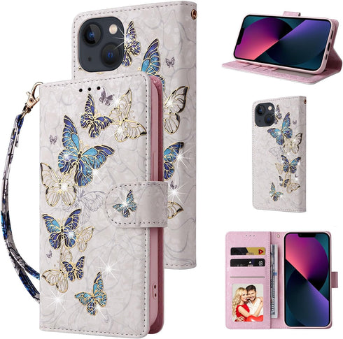 UEEBAI Wallet Case for iPhone 15, PU Leather Phone Cover Kickstand RFID Blocking