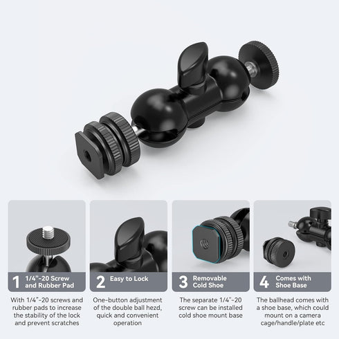SMALLRIG 1/4" 1135 Cool Ballhead, Multi-Function Double Ball Dead Adapter with Shoe Mount & Screw for Monitors Led