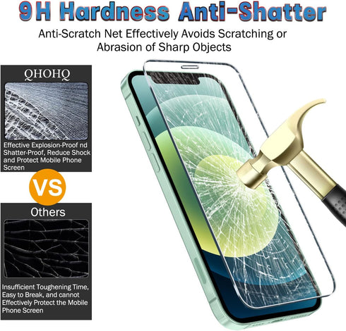 QHOHQ iPhone 12 Screen Protector 3 Pack, Ultra HD, 9H Hardness, Scratch Resistant, with 2 Tempered Glass Lens