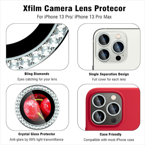 Xfilm Bling Diamond Camera Lens Protector for iPhone 13 Pro/Max, Scratch Proof HD Clear Tempered Glass, Case Friendly