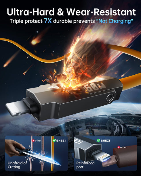 SHEZI Upgraded 4-in-1 60W USB C Cable - Thicker Silicone Fast Charging iPhone iPad Charger Cord, Yellow