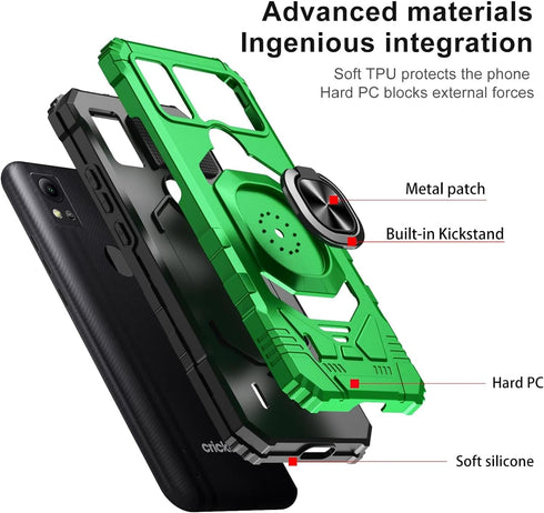TJS Compatible Case for Cricket Icon 5 & AT&T Motivate 4, Heavy Duty Drop Protection Cover with Tempered Glass (Green)