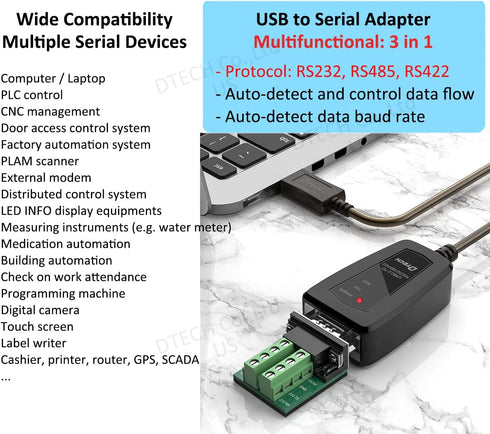 DTECH RS422 RS485 R232 (3 1 5V 11 10 8 7 (1.5ft) USB to Serial Adapter to USB Cable in Interface) Supports DC