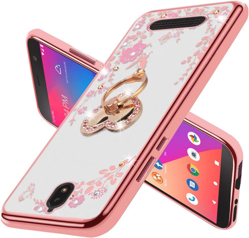 B-wishy for Blu View 2 Case, Glitter Crystal Butterfly Heart Floral Slim TPU Cover with Kickstand & Strap (Rose Gold)