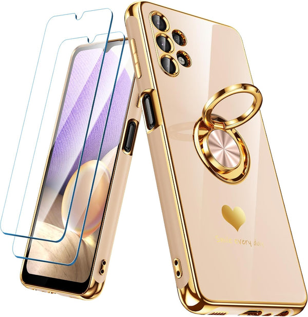 Samsung Galaxy A32 5G Case with 2 Pack Screen Protector, 360° Rotatable Ring Holder, Luxury Hearts Pattern - Pink