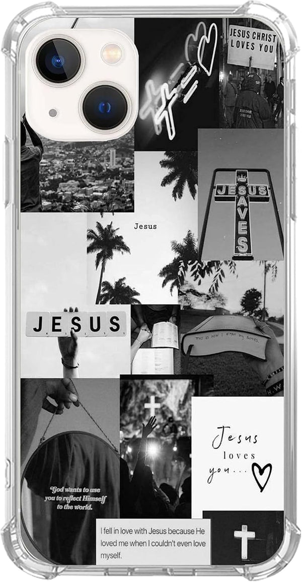 Aesthetic Christian Black Collage Case for iPhone 14, Cool Cute TPU Bumper Cover with Bible Verse Design