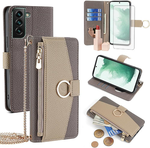 Asuwish Wallet Phone Case for Samsung Galaxy S22 Plus 5G - Gray, with Screen Protector, Mirror Flip, Card Holder &