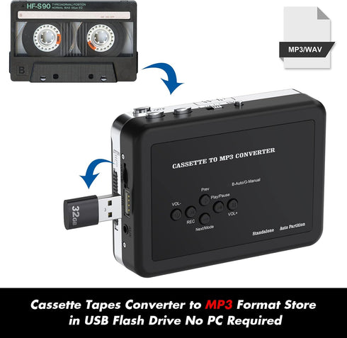 Cassette Cassette MP3 Cassette Portable Player, USB to Converter, Audio Music to Digital Converter with Headphones, No