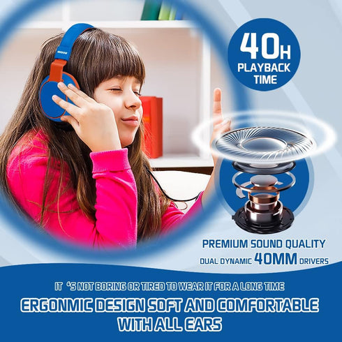 Kids Bluetooth Headphones - Wireless Over Ear, Volume Limited 85/110dB, Foldable, AUX 3.5mm Mic, Blue for Travel &