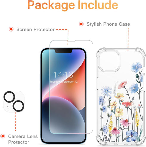 GVIEWIN iPhone 14 Plus Case, Floral Design, Soft Slim Clear, Shockproof, with Screen & Camera Lens Protectors, 6.7"