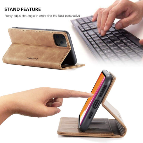 SINIANL iPhone 11 Leather Case, Book Folding Flip Case with Kickstand, Brown Protective Cover