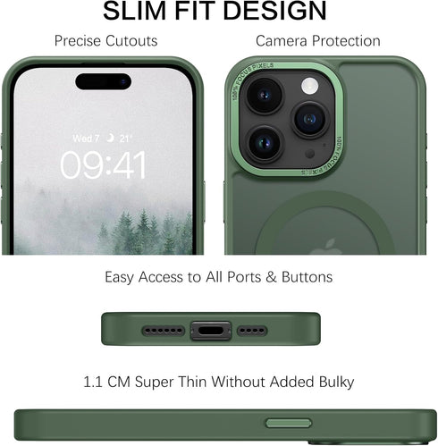BENTOBEN iPhone 15 Pro Max Case, Dark Green Translucent Matte, Shockproof, MagSafe Compatible, 6.7" Protective Cover.