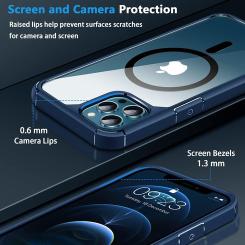Amizee iPhone 12 Pro Max Magnetic Case with Screen & Camera Protectors, Clear Shockproof, MagSafe Compatible (Blue)
