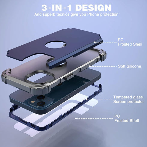 IDweel iPhone 13/14 Case, Blue - Hybrid Shockproof Hard PC & Soft Silicone, Full Body Protection with Screen Protector.