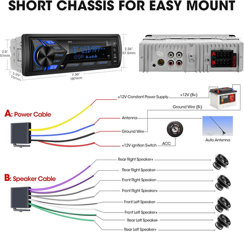 aboutBit 1-Din MP3 300W Single Din Car Stereo Bluetooth: Car Radio Receiver - in Dash Digital Media Player LCD Display