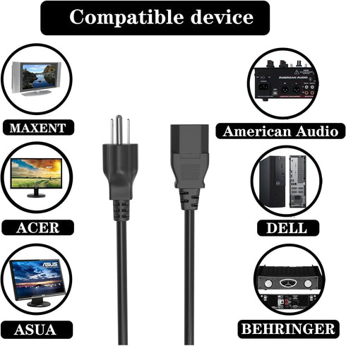 Power Cord for ION/QSC/Pyle/ECOXGEAR Bluetooth Speaker, 6 FT C13 3 Prong Plug Charger Cable