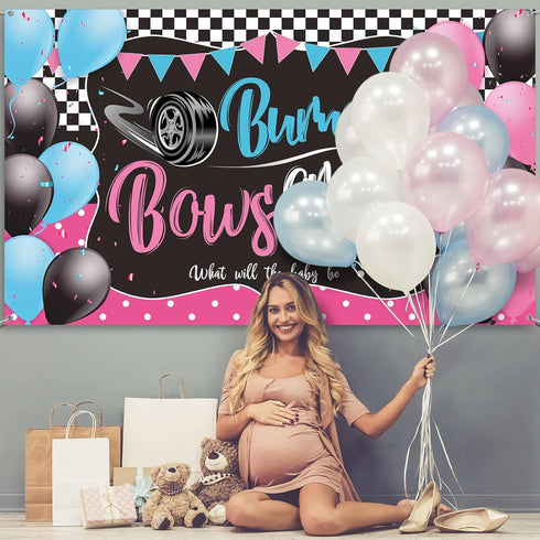 Burnouts or Bows Gender Reveal Decoration, Backdrop Party Supplies, Blue or Pink Baby Shower Banner, 72.8 x 43.3 Inch