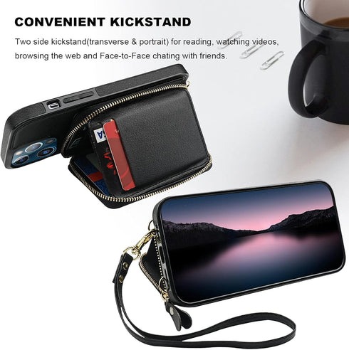 Bocasal RFID Blocking Wallet Case for iPhone 13 Pro Max, Adjustable Crossbody Zipper Purse with Kickstand, Black