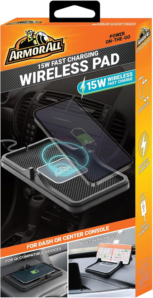 Armor All 15W Fast Wireless Charging Pad - Qi-Compatible Universal Smartphone Stand (USB-A Powered)