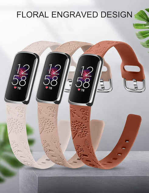 Minyee 3 Packs Compatible with Fitbit Luxe Bands for Women Soft Silicone Floral Engraved Sport Strap Dandelion Wristband Replacement for Fitbit Luxe Watch Bands/Luxe Special Edition Fitness Tracker