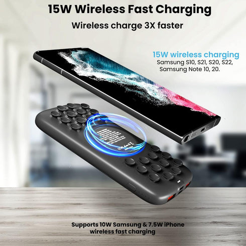 TECHSMARTER 15W Wireless Portable Charger, 10,000mAh Battery Pack, 20W USB-C, Anti-Slip Suction Cups, for iPhone