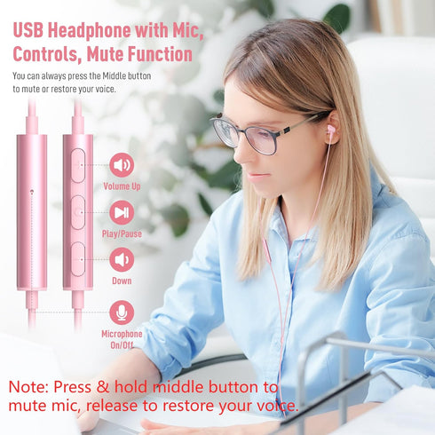 Wired USB Headphone for PC Laptop, 7.5ft Magnetic Earbuds with Microphone Control, Lightweight Noise Isolate