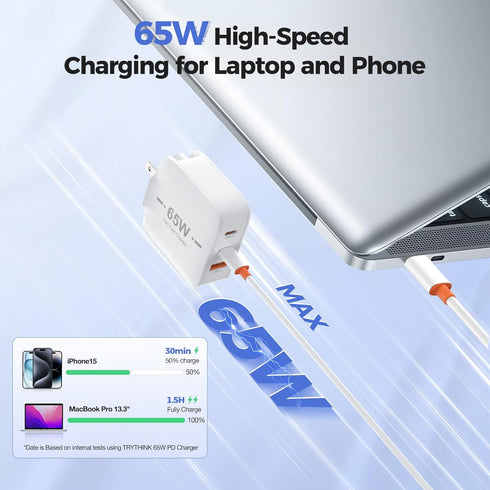 65W USB C Charger, TRYTHINK 3-Port GaN Charger Block, Foldable Compact Fast Wall Power Adapter for Notebook, MacBook