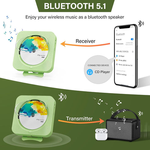 Portable CD Player with Bluetooth, Desktop Speakers for Home, Remote Control, LED Display, Supports CD/FM