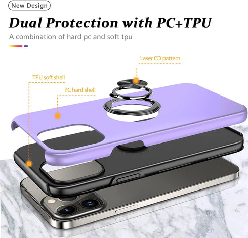 PELEPUES Shockproof Case for iPhone 13 Pro Max, Military Grade Cover with Embedded Finger Ring and Kickstand - Purple