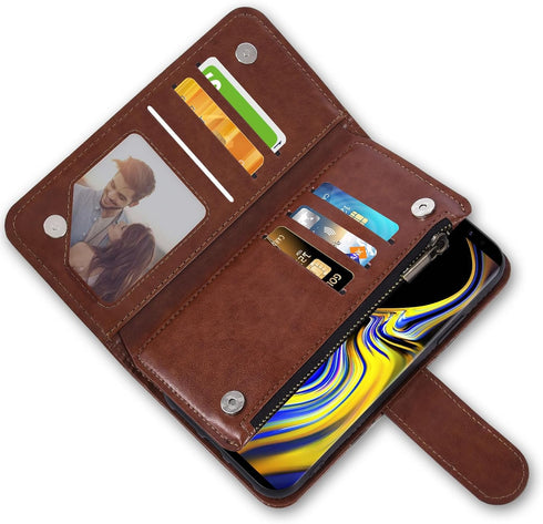 Asuwish Galaxy Note 9 Wallet Case with Flower Leather, Tempered Glass Protector, Flip Stand, Card Holder - Brown