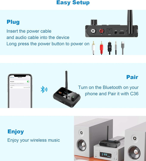 Bluetooth 5.3 Receiver for Home Stereo, Low Latency & HD Music Audio Bluetooth to RCA Adapter for Home Streaming