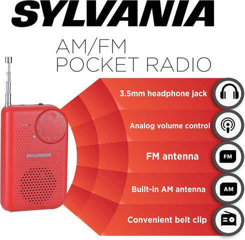 Portable AM/FM Pocket Radio with Built-In Speaker, Red