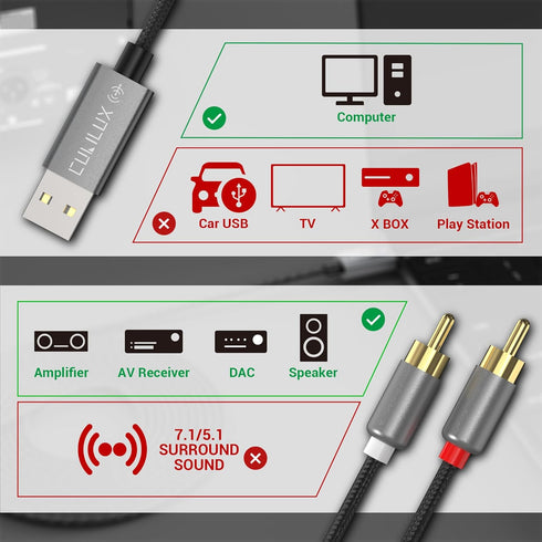 384KHz/24-bit 2 2RCA 6 Cubilux USB to RCA Audio Cable with DAC, USB A Male to Male RCA Stereo AUX Cord, Auxilary Cable