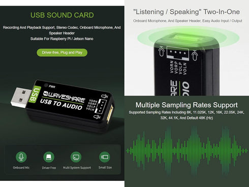Waveshare USB Sound Card for Raspberry Pi/Jetson Nano, External Audio Converter, Recording and Playback Support