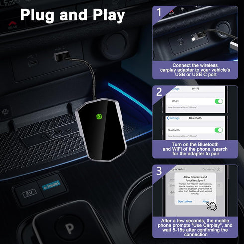 Wireless CarPlay Adapter, Plug and Play Dongle, Converts Wired to Wireless Carplay, Voice Control for Apple iPhone iOS