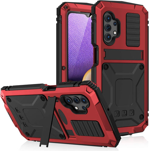 Aluminum Metal Waterproof Case for Samsung Galaxy A32 5G, Shockproof Heavy Duty Protector with Built-in Kickstand, Red