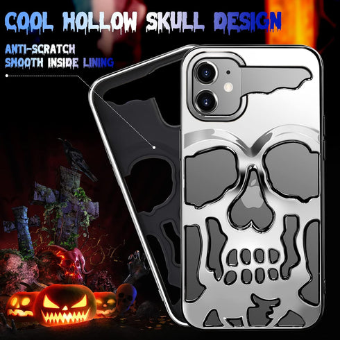 iPhone 12 Phone Case, Silver Cool Skull Skeleton Gothic Hollow Design for Men & Women