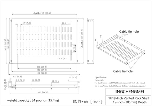 Jingchengmei 1U Disassembled Vented Cantilever Server Rack Mount Shelf 12" Depth for 19-Inch Equipment
