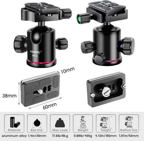 Manbily Ball Head Tripod Head - 360° Panoramic Monopod with Metal Aluminum Body, Extra Arca Swiss Plate, 17.6lbs Load